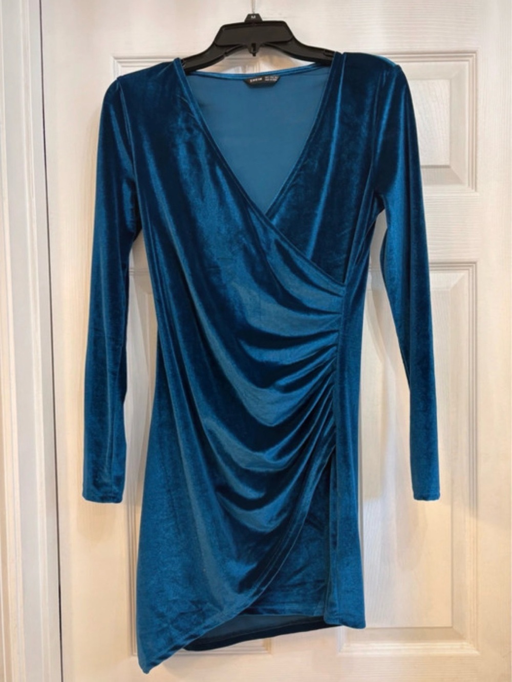 SHEIN Teal Blue Velvet Ruched Wrap Mini Dress – Small